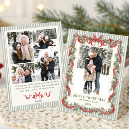 Sage Green Stripped Red Bow Christmas 5 Photo シーズンカード