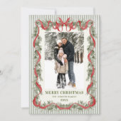 Sage Green Stripped Red Bow Christmas 5 Photo シーズンカード (正面)