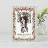 Sage Green Stripped Red Bow Christmas 5 Photo シーズンカード (スタンド正面)
