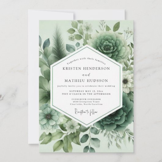 Sage Green Succulent Bloom Wedding 招待状 (正面)
