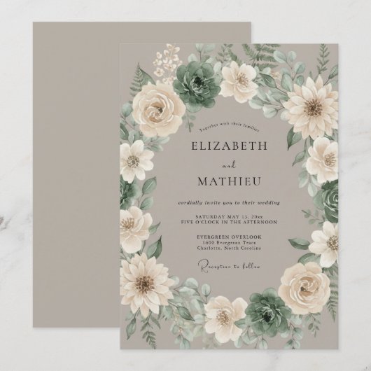 Sage Green Succulent Rustic Wedding 招待状 (正面/裏面)