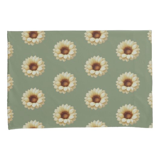 Sage Green Sunflower Floral Pillowcase Set 枕カバー (正面右)