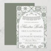 Sage Green Talavera Papel Picado Spanish Wedding 招待状 (正面/裏面)
