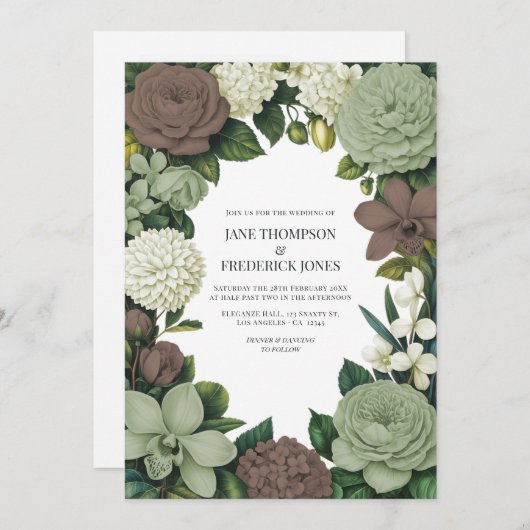 Sage Green, Taupe & Ivory Floral Wedding 招待状 (正面/裏面)