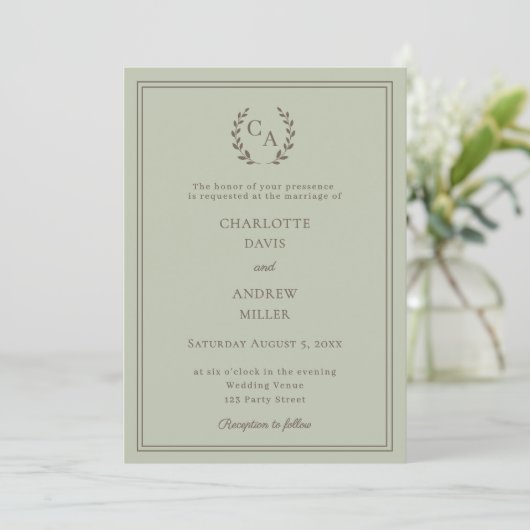 Sage green taupe wreath monogram simple wedding  招待状 (スタンド正面)