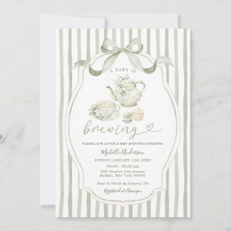 Sage Green Tea Party Baby Shower Stripe Invitation 招待状