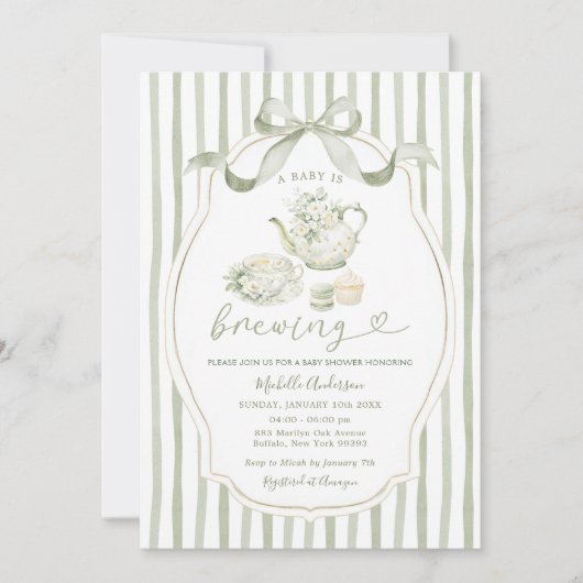 Sage Green Tea Party Baby Shower Stripe Invitation 招待状 (正面)