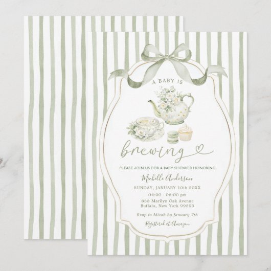 Sage Green Tea Party Baby Shower Stripe Invitation 招待状 (正面/裏面)