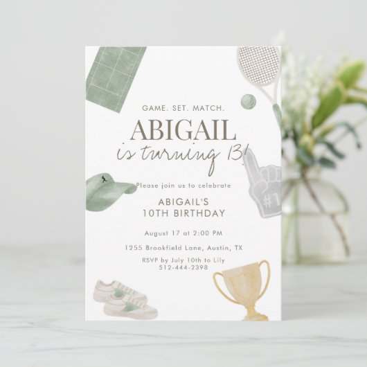 Sage Green Tennis 13th Birthday Party for Girls 招待状 (スタンド正面)
