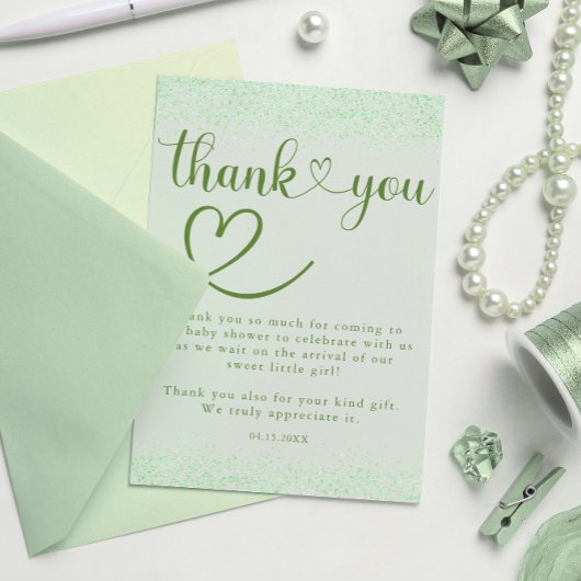 Sage Green Thank You Heart Confetti Script サンキューカード