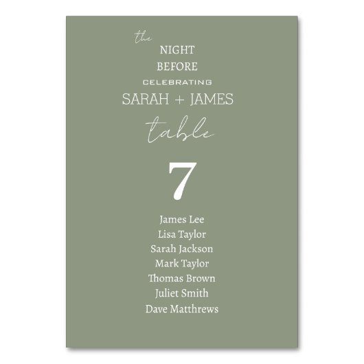 Sage Green the Night Before Wedding Seating Chart テーブルナンバー (正面)