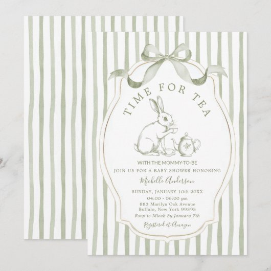 Sage Green Time for Tea Rabbit Invitation 招待状 (正面/裏面)