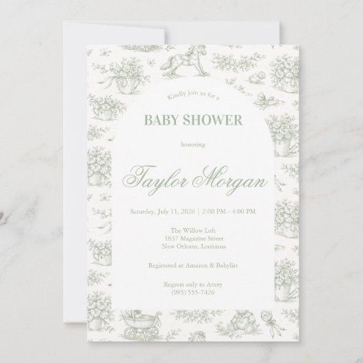Sage Green Toile Baby Shower Invitation | Classic  招待状 (正面)