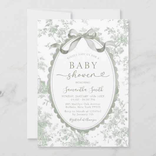 Sage Green Toile Chinoiserie Bow Baby Shower 招待状 (正面)