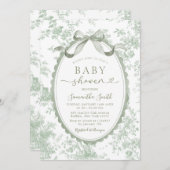 Sage Green Toile Chinoiserie Bow Baby Shower 招待状 (正面/裏面)
