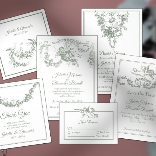 Sage Green Toile de Jouy Paris Wedding Invitation 招待状