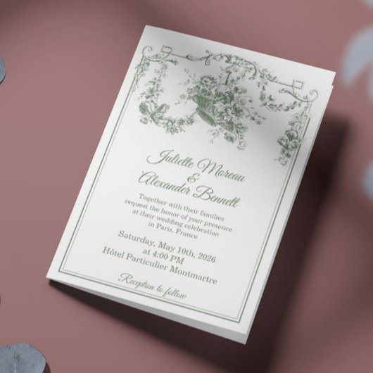 Sage Green Toile de Jouy Paris Wedding Invitation 招待状
