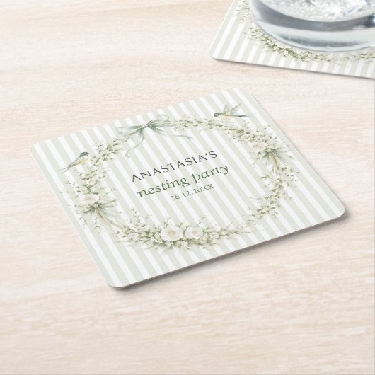 Sage Green Toile De Juoy Nesting Party  スクエアペーパーコースター (アングル)