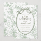 Sage Green Toile Floral Chinoiserie Baby Sprinkle 招待状 (正面/裏面)