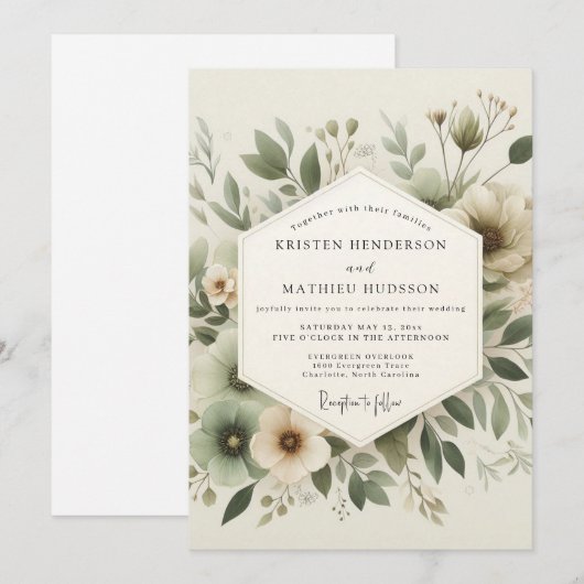 Sage Green Tranquil Botanical Wedding 招待状 (正面/裏面)