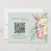 Sage Green Tropical Floral Hawaii QR Code Wedding 出欠カード (正面)