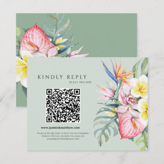 Sage Green Tropical Floral Hawaii QR Code Wedding 出欠カード (正面/裏面)