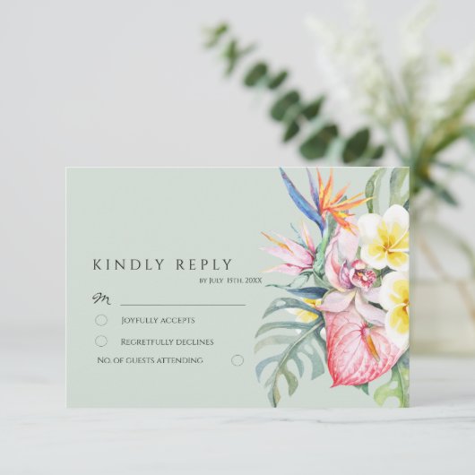 Sage Green Tropical Floral Hawaii Wedding 出欠カード (スタンド正面)