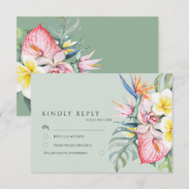Sage Green Tropical Floral Hawaii Wedding 出欠カード