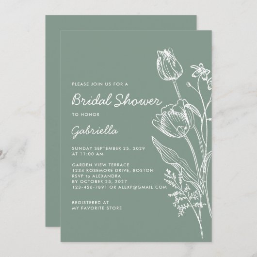 Sage Green Tulip Line Art Garden Bridal Shower 招待状 (正面/裏面)