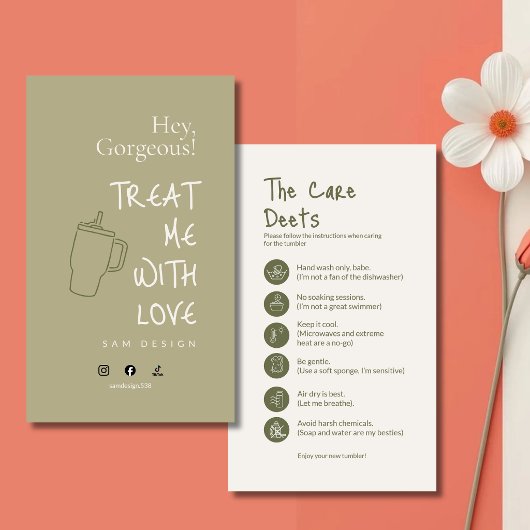 Sage Green Tumbler Care Card Insert 名刺