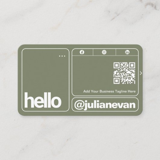 Sage Green Typography Scannable QR Code Hello 名刺 (正面)