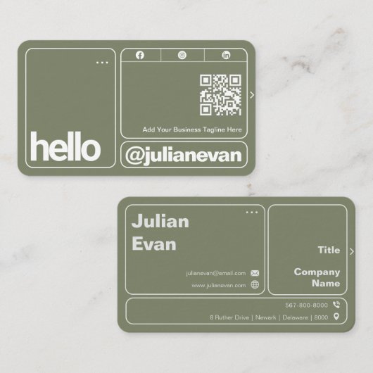 Sage Green Typography Scannable QR Code Hello 名刺 (正面/裏面)