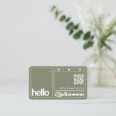 Sage Green Typography Scannable QR Code Hello 名刺 (スタンド正面)
