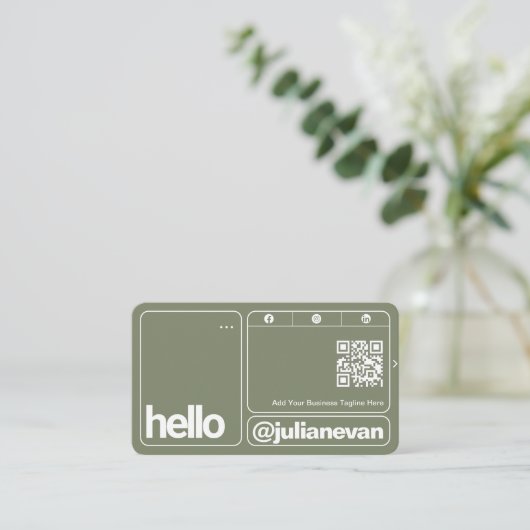 Sage Green Typography Scannable QR Code Hello 名刺 (スタンド正面)