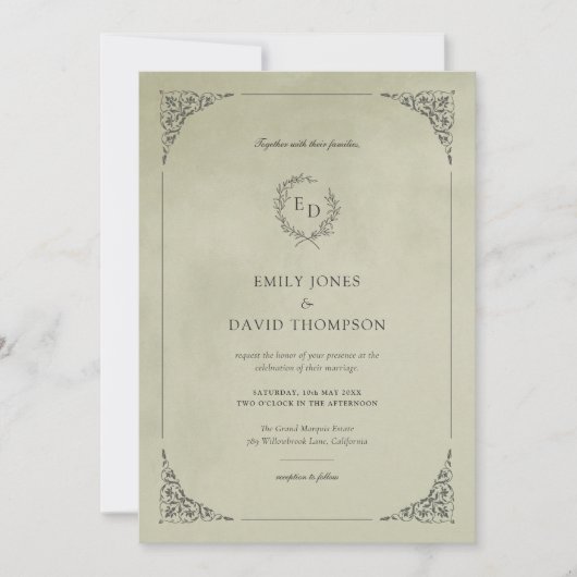 Sage Green Velvet Laurel Wreath Minimalist Wedding 招待状 (正面)