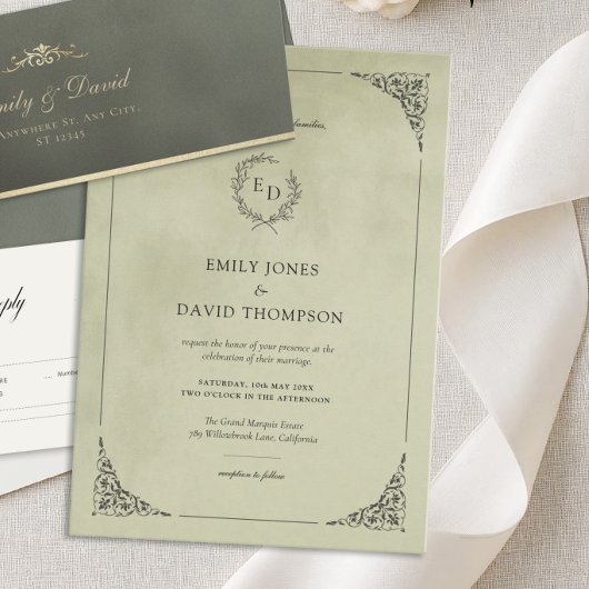 Sage Green Velvet Laurel Wreath Minimalist Wedding 招待状
