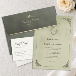 Sage Green Velvet Laurel Wreath Minimalist Wedding 招待状