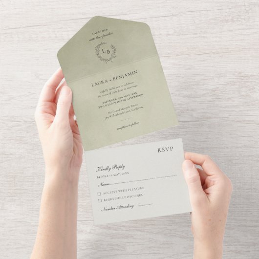 Sage Green Velvet, Laurel Wreath Wedding オールインワン招待状 (貼ってはがせる)