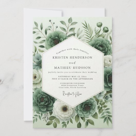 Sage Green Verdant Floral Wedding 招待状 (正面)