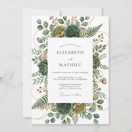 Sage Green Verdant Flourish Wedding 招待状 (正面)