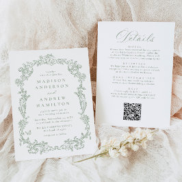 Sage Green Victorian Floral All in One Wedding 招待状