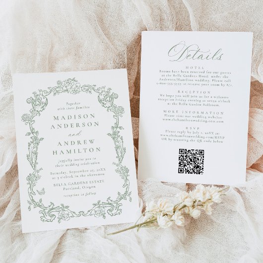 Sage Green Victorian Floral All in One Wedding 招待状