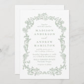Sage Green Victorian Floral All in One Wedding 招待状 (正面/裏面)
