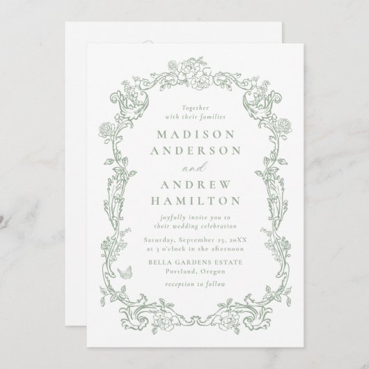 Sage Green Victorian Floral All in One Wedding 招待状 (正面/裏面)