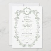Sage green Victorian French classic floral wedding 招待状 (正面)