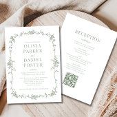 Sage Green Victorian QR Code All in One Wedding  招待状