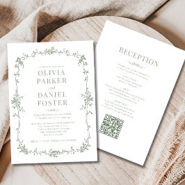 Sage Green Victorian QR Code All in One Wedding  招待状