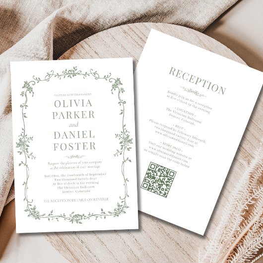 Sage Green Victorian QR Code All in One Wedding  招待状