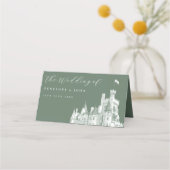 Sage Green Vintage Castle Illustration Wedding プレイスカード (裏面)