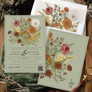 Sage Green Vintage Fall Floral Boho Autumn Wedding 招待状